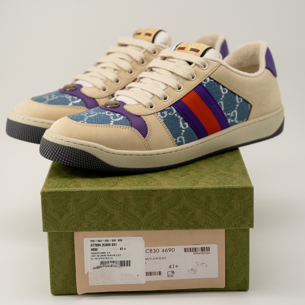 size 41.5G 11.5 US Gucci Screener Enamel Aged Sneakers Beige Blue Red - Picture 12 of 13